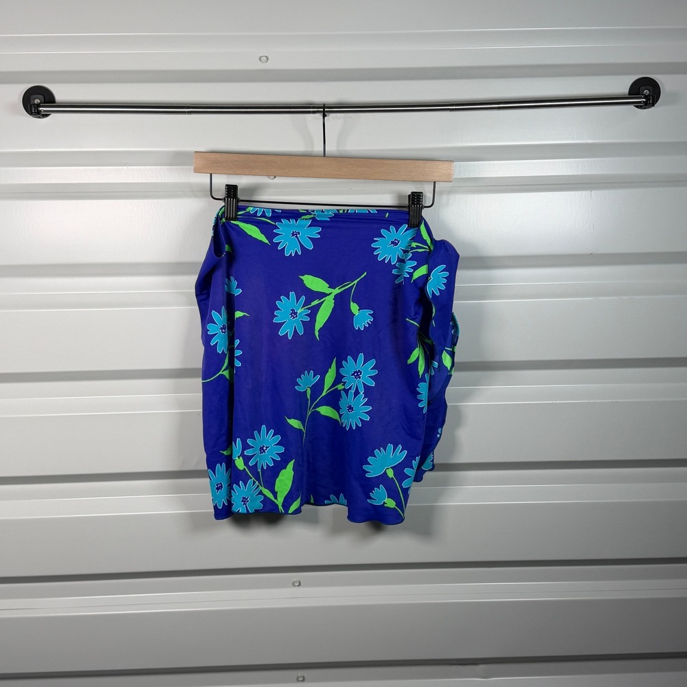 Blue Floral Sarong Wrap Skirt Ruffle Trim Swim Cover Up Beach Resortwear Mini‎